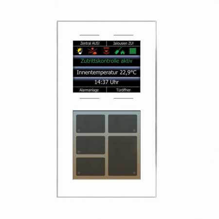 Glas-Infomodul mit sechs plus vier kapazitiven Tasten, 2,8 Zoll-Grafikdisplay und Temperatursensor in weiß, LCN-GT10DW