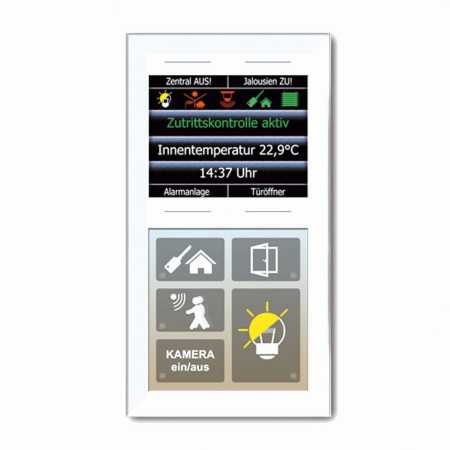 Glas-Infomodul mit sechs plus vier kapazitiven Tasten, 2,8 Zoll-Grafikdisplay und Temperatursensor in weiß, LCN-GTS10DW Rahmenlos